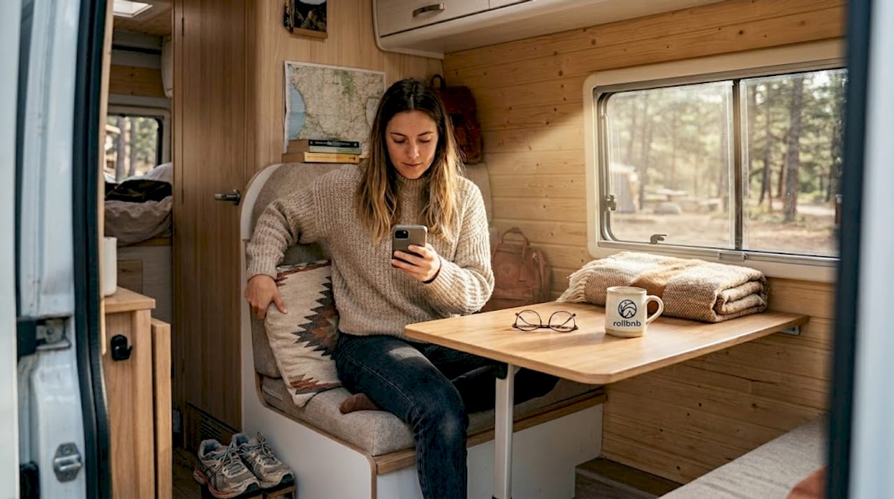 El dueño de la camper muestra orgulloso el interior perfectamente ordenado mientras toma algunas fotos.
