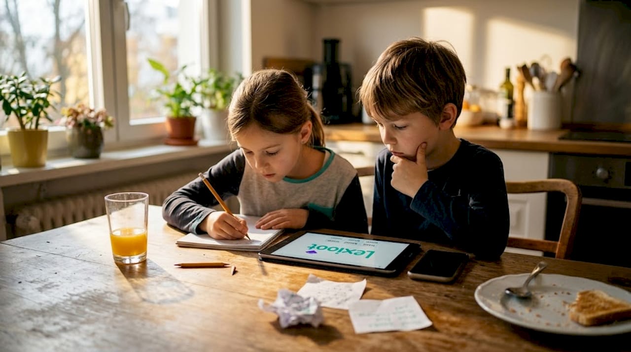 Am Küchentisch sitzen die Kinder und spielen gemeinsam ein Wortspiel – es geht fröhlich und freundlich zu.