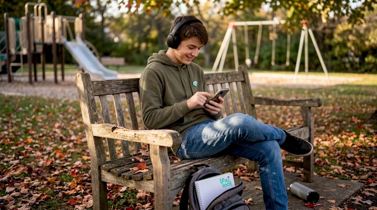 Teen playing word games outdoors