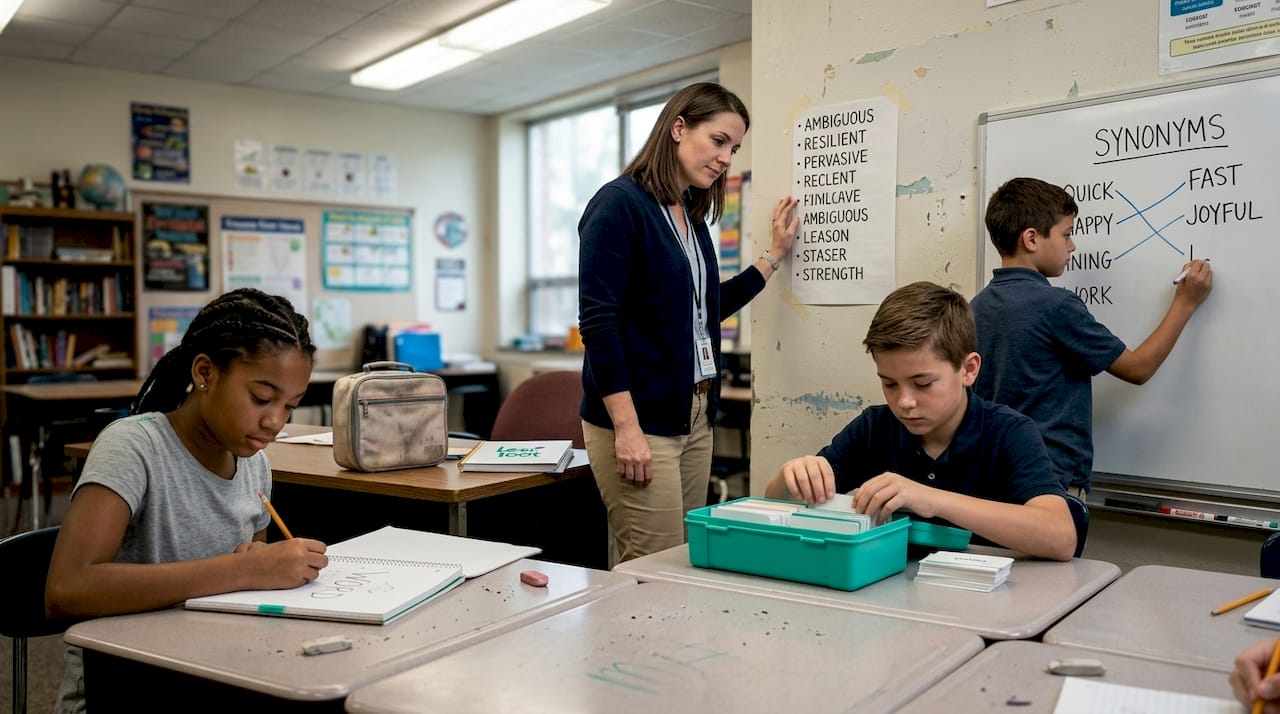 Students practicing vocabulary at classroom stations