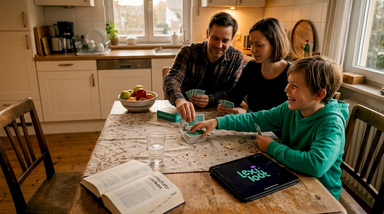 Am Küchentisch sitzt eine Familie beisammen und spielt gemeinsam ein Wortspiel.