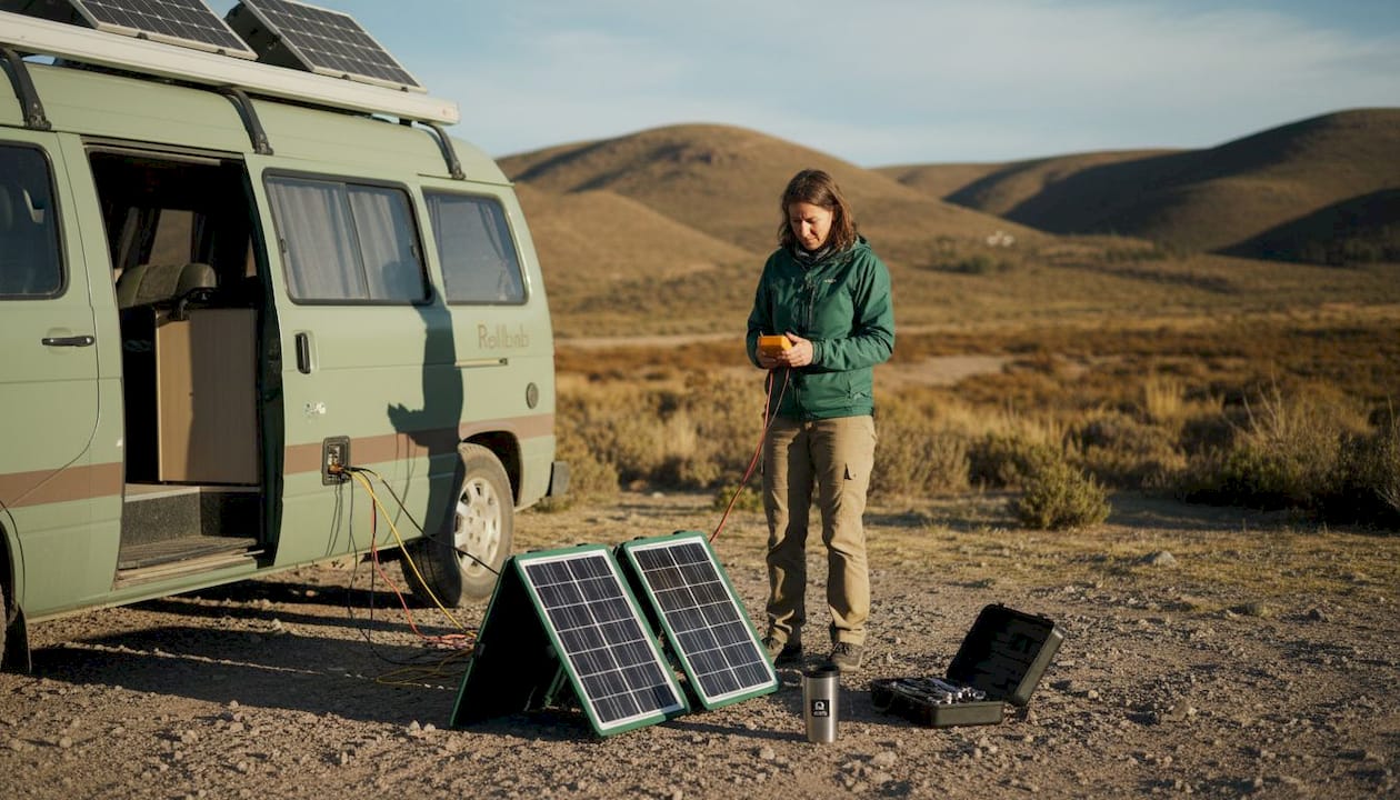 Mujer revisando los paneles solares de su furgoneta camper