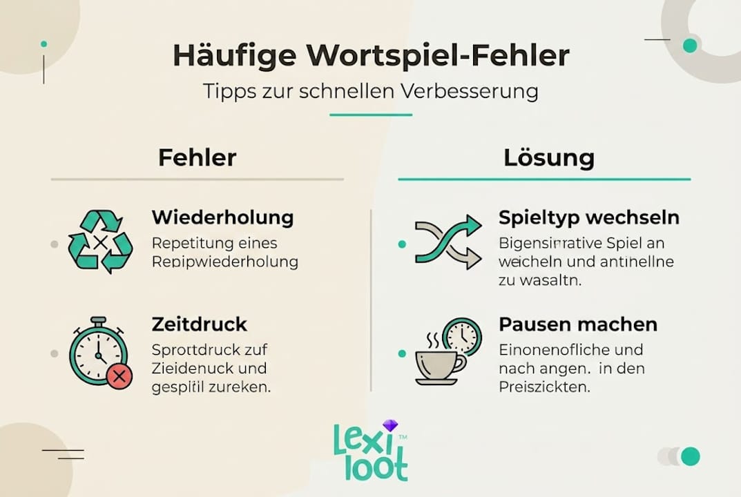 Diese Infografik veranschaulicht typische Stolperfallen bei Wortspielen und zeigt, wie man sie clever umgehen kann.