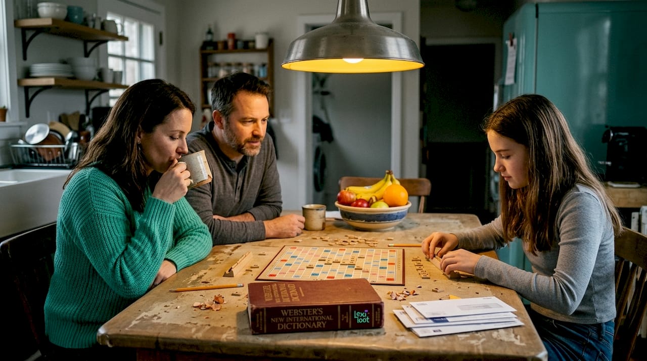 Family playing word game at kitchen table