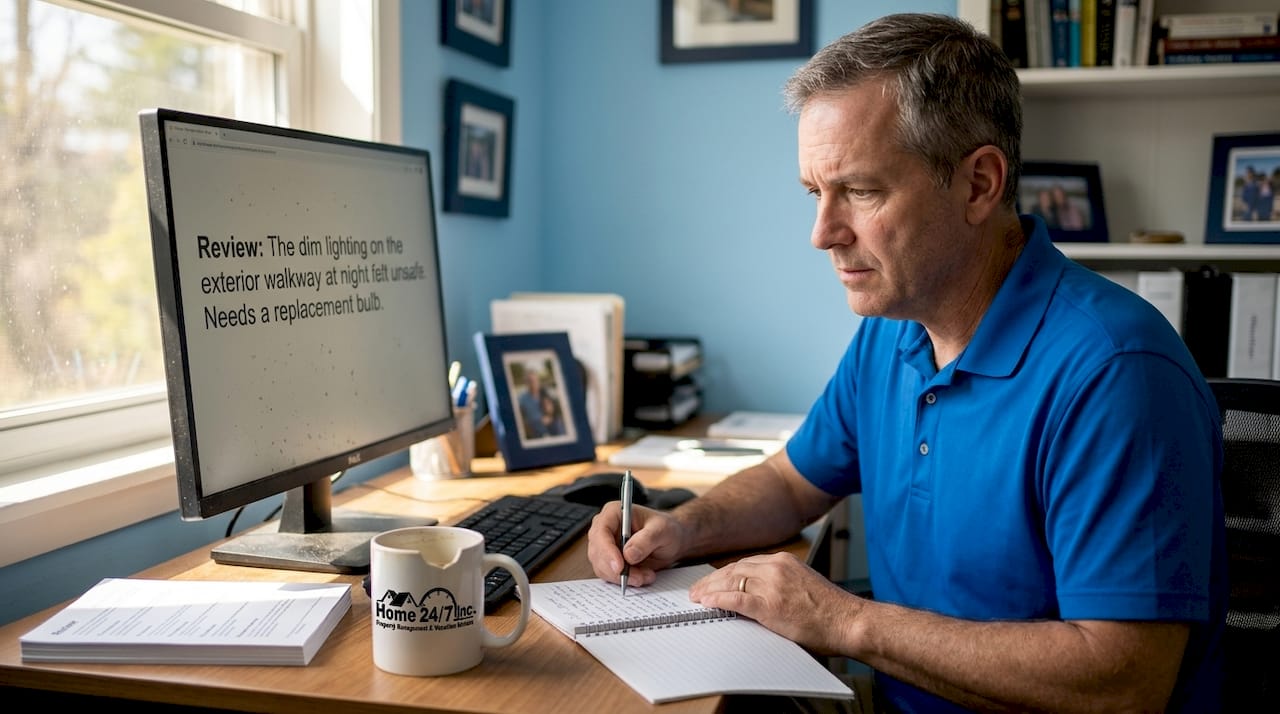 Owner responding to safety review in home office