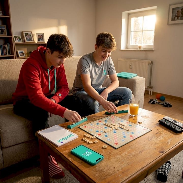 Teenagers playing Scrabble in living room