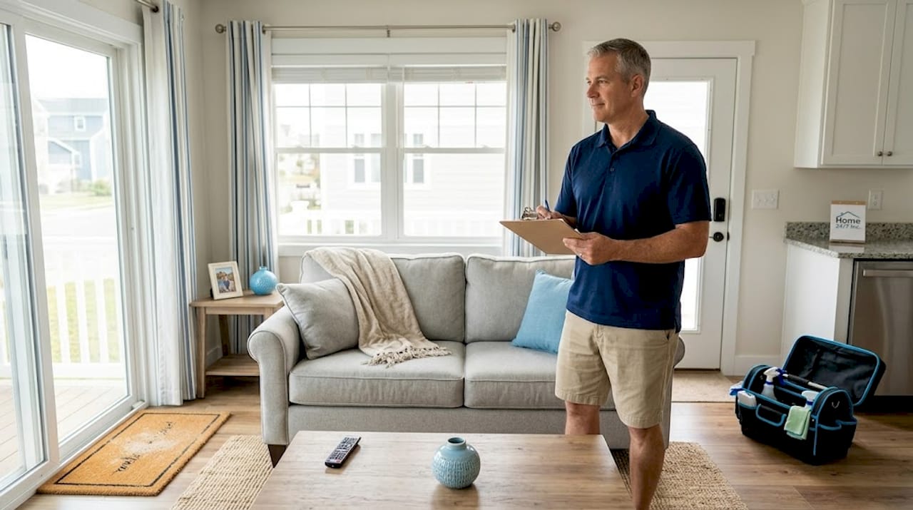 Man inspects rental living room after cleaning