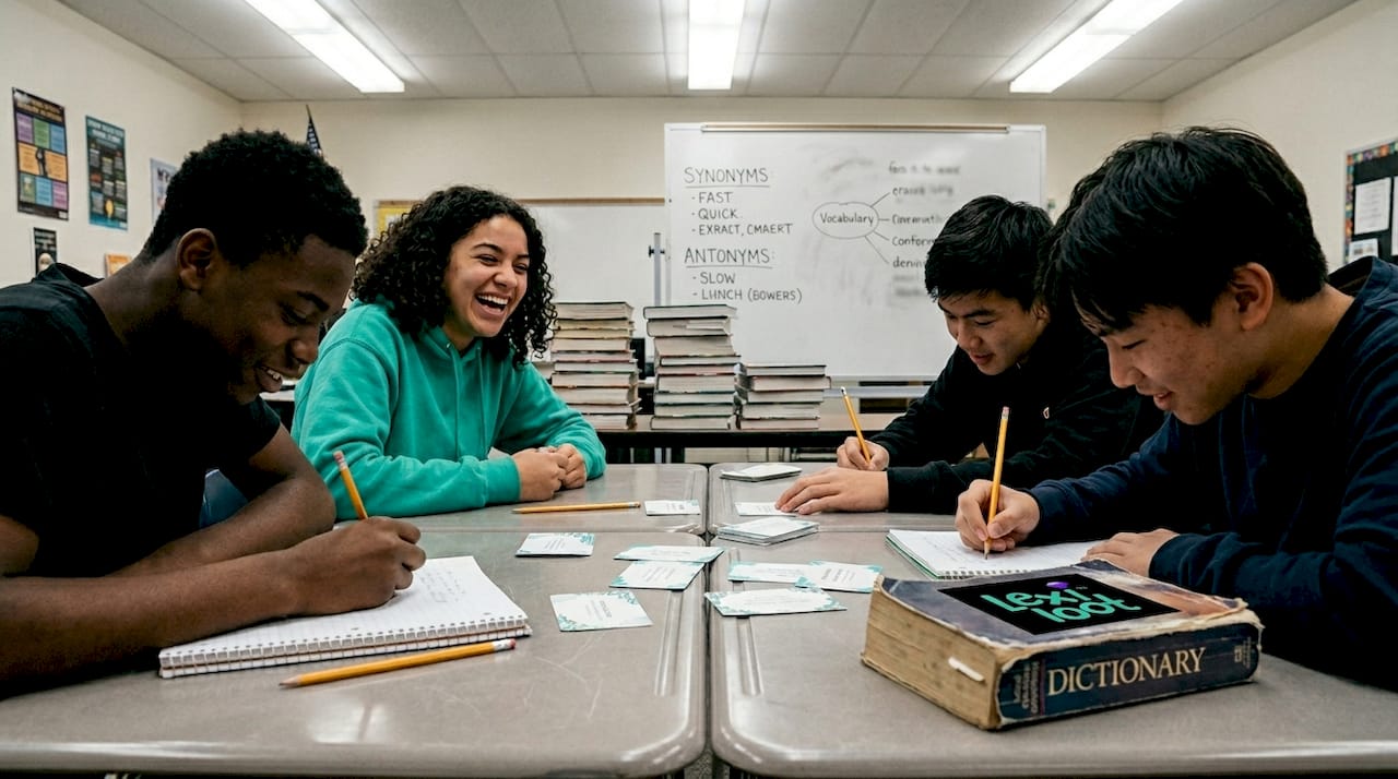 Teens playing vocabulary game in classroom
