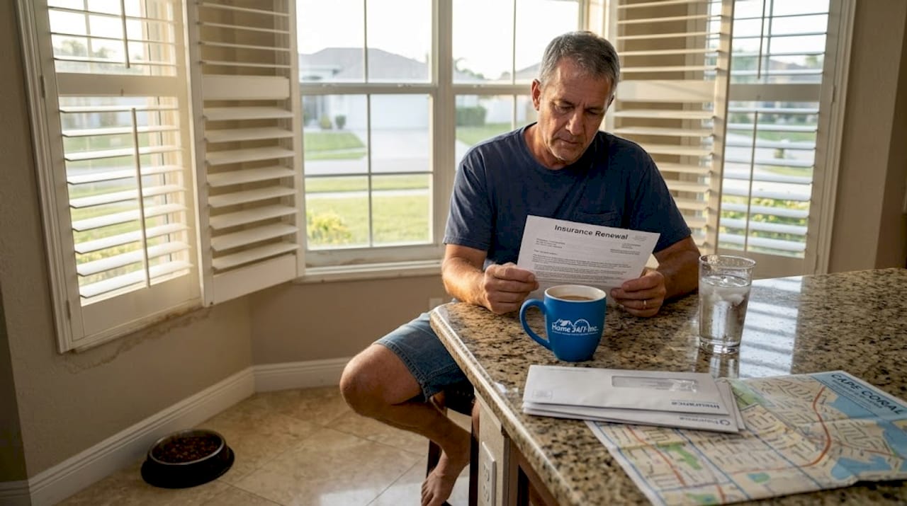 Man reviewing insurance renewal after hurricane