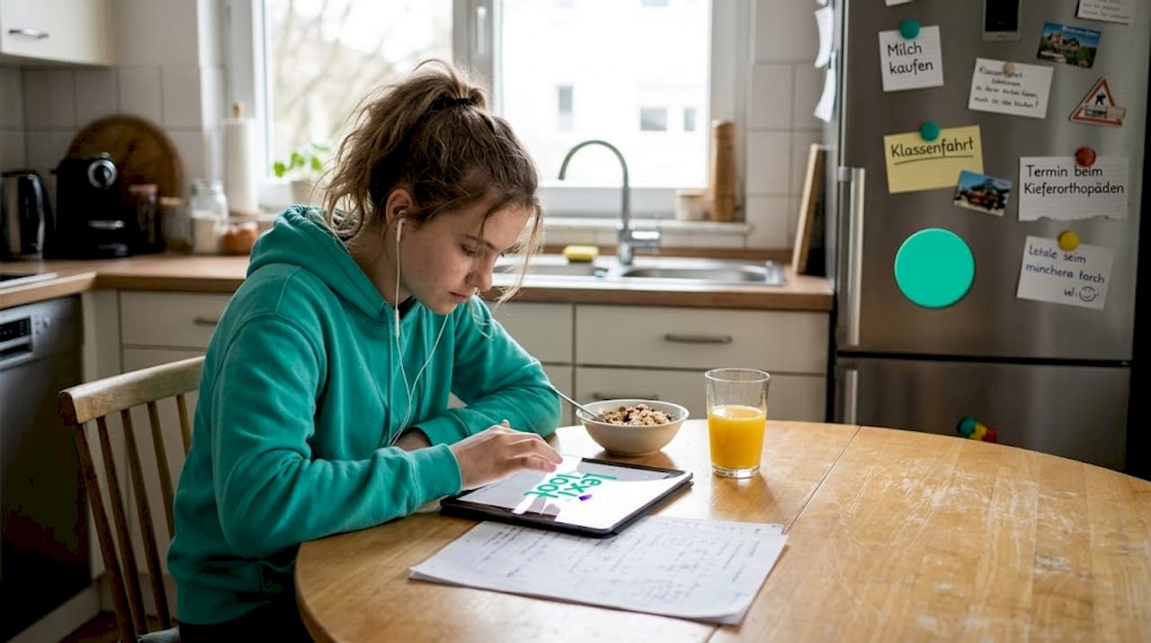 Ein Teenager-Mädchen übt Vokabeln auf ihrem Tablet.