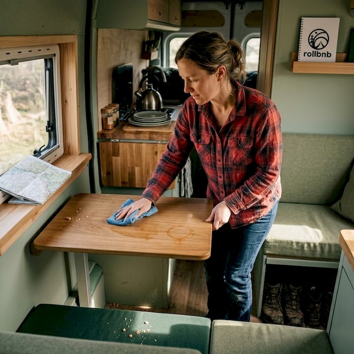 Una mujer limpia la mesa del comedor de su caravana, dejando todo impecable para la próxima comida.