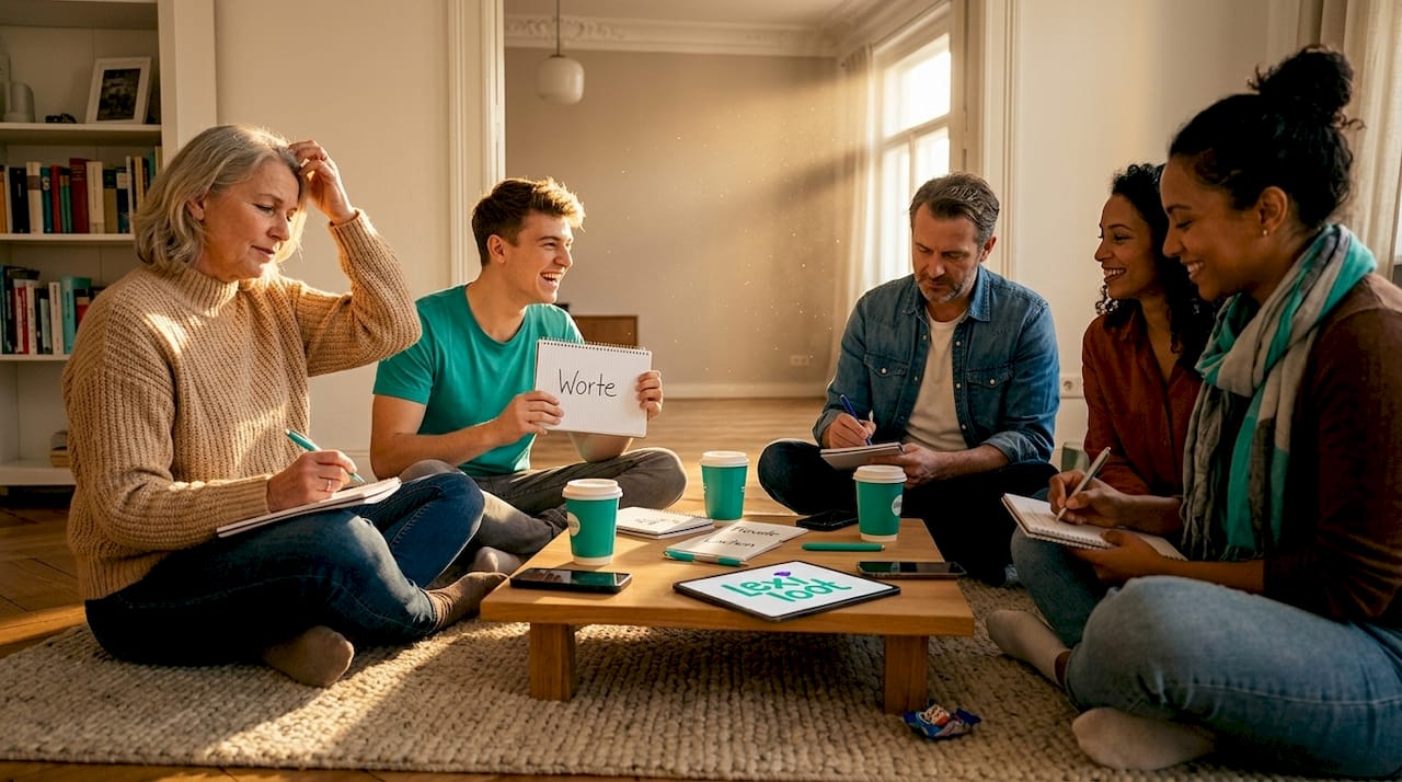 Ein paar Freunde sitzen gemütlich auf dem Wohnzimmerteppich und spielen ein Kategorienspiel.