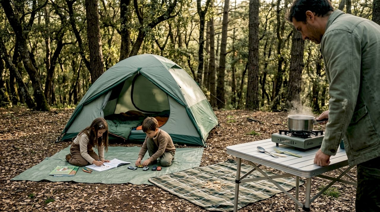 Camping familiar con instalaciones organizadas y zona de juegos infantiles perfectamente delimitada.
