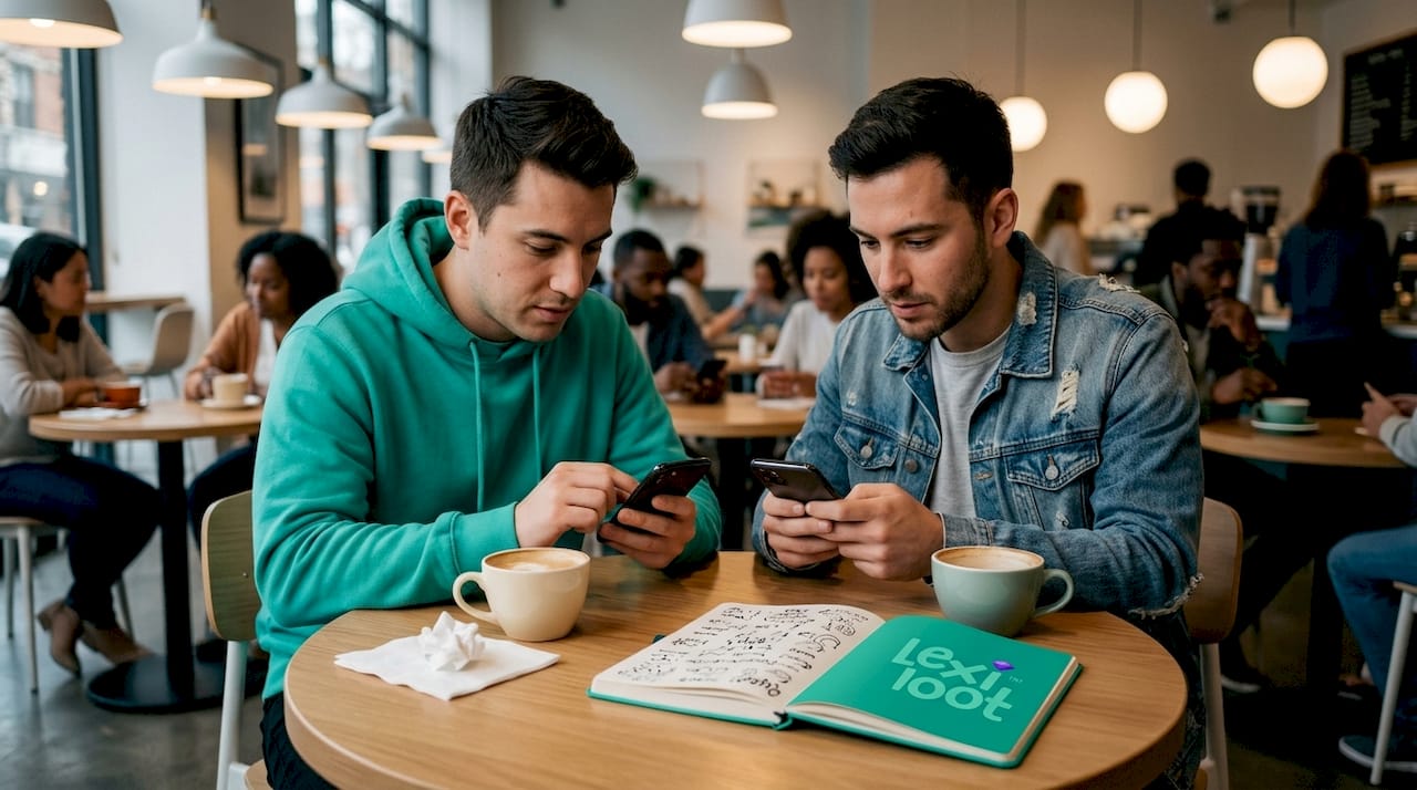 Coworkers playing mobile word game in café