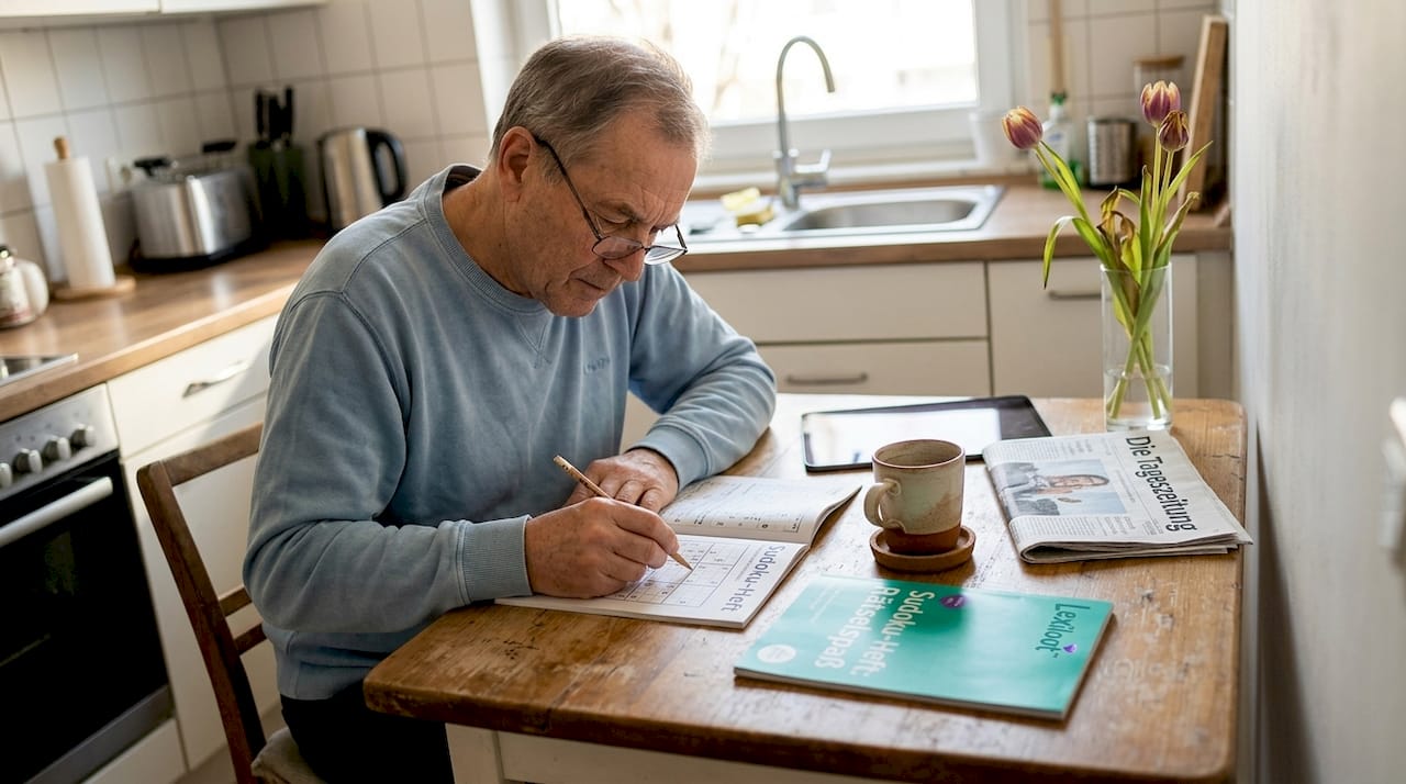 Ein älterer Herr sitzt am Küchentisch und knobelt an einem Sudoku.