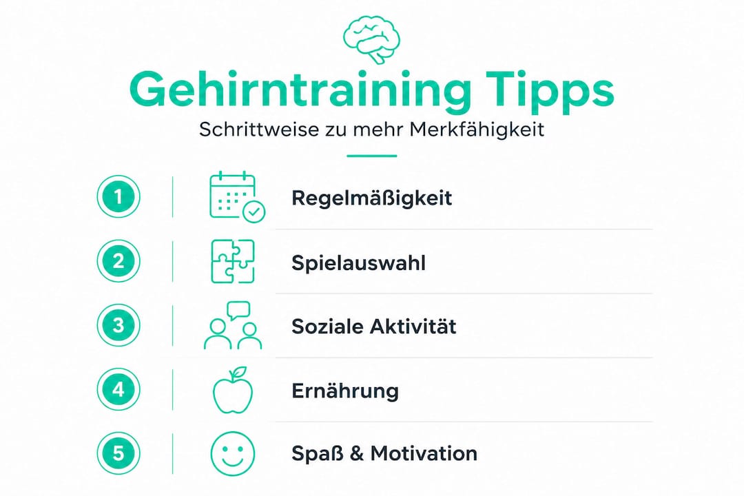 Die Infografik präsentiert fünf praktische Tipps, wie du dein Gehirn gezielt trainieren kannst.