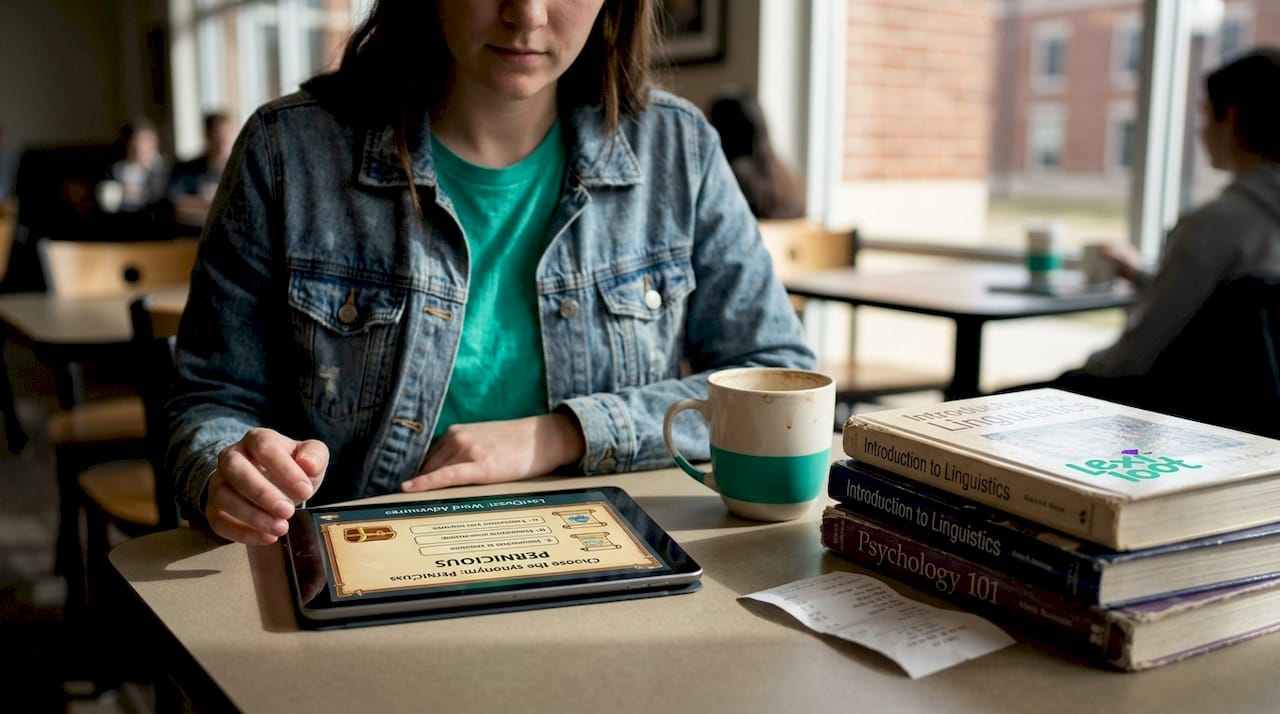 Student using narrative vocabulary app in café