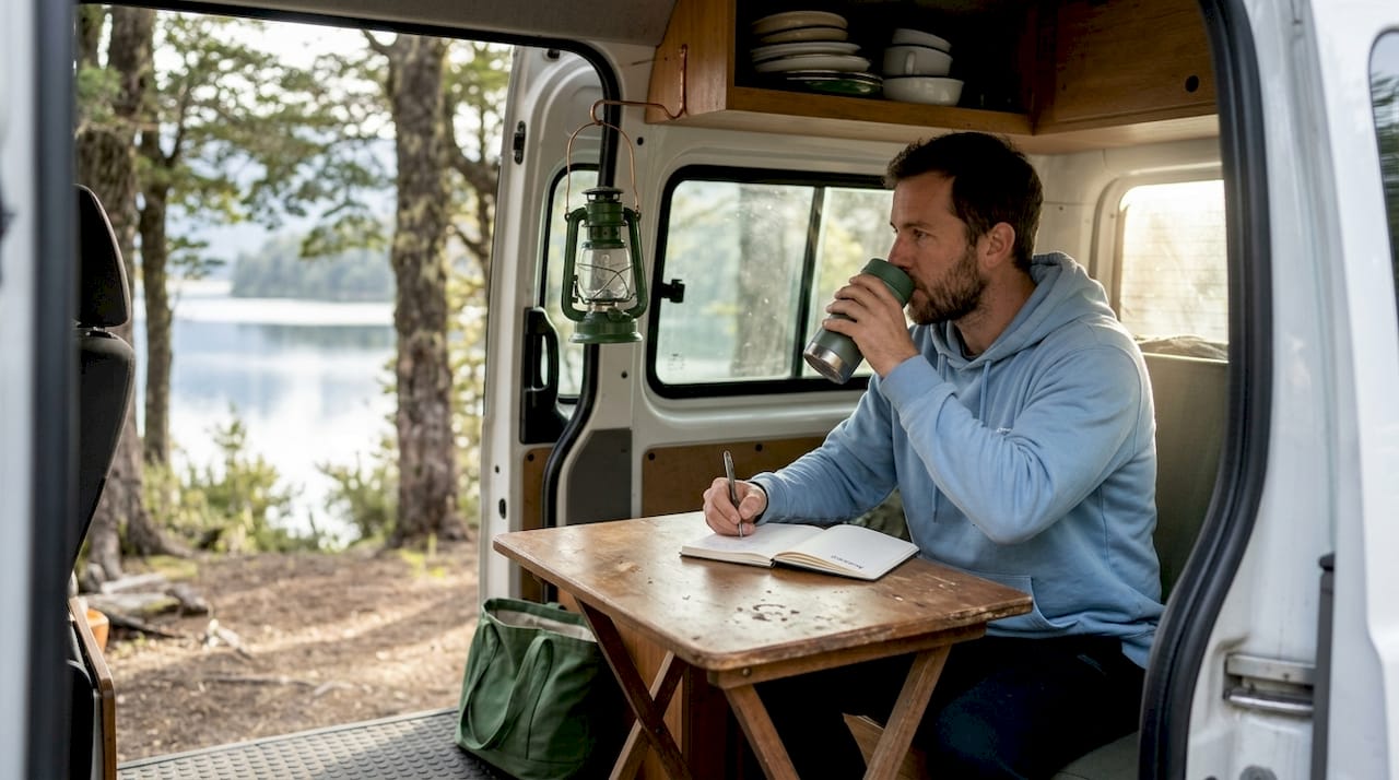 Un hombre trabaja desde su camper, disfrutando de la tranquilidad a orillas de un lago.