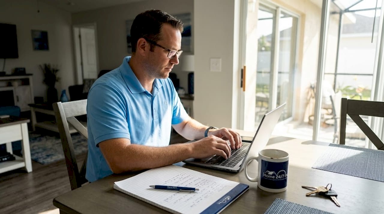 Local manager addresses tenant issue at laptop
