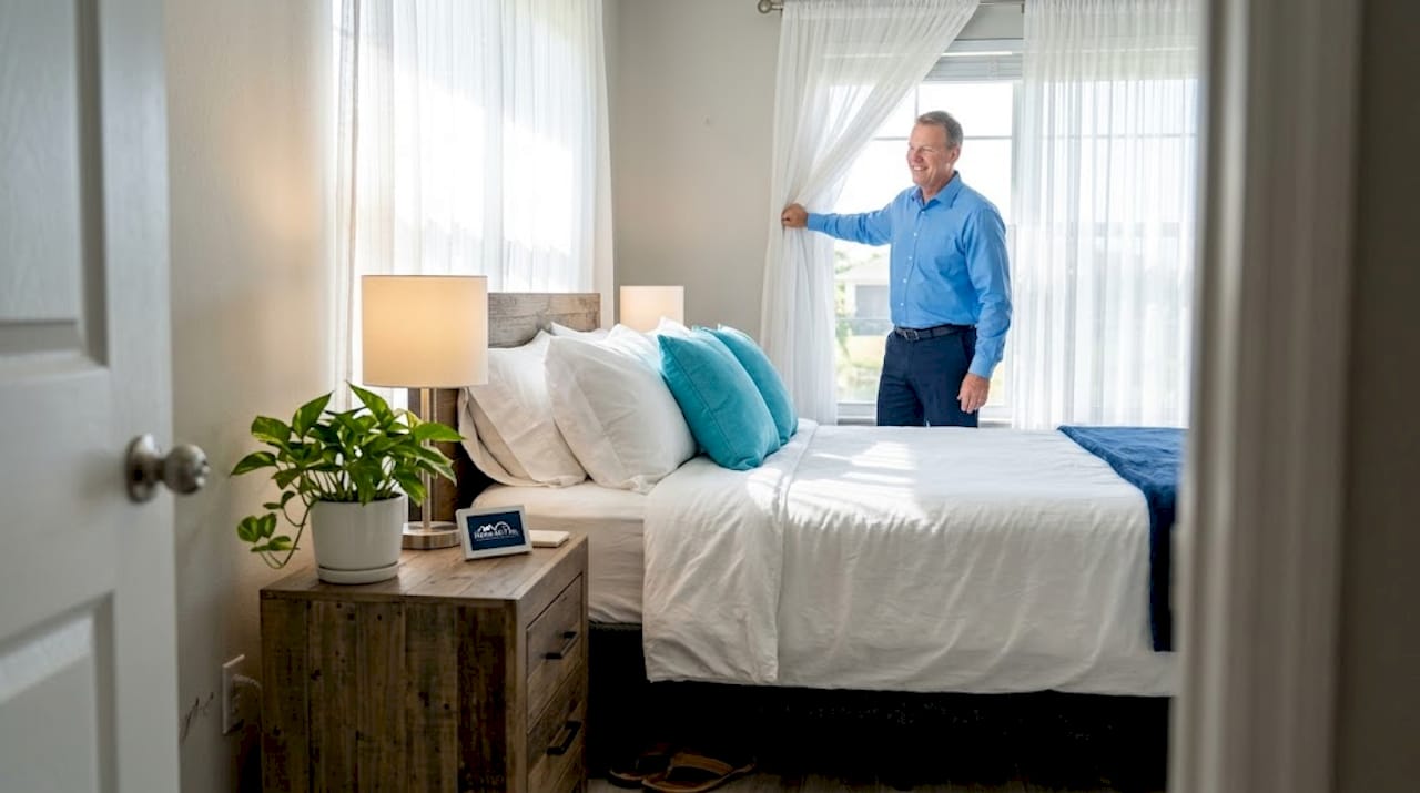 Stage Your Cape Coral Rental for Maximum Bookings and Income 1 Man adjusting light in staged vacation bedroom
