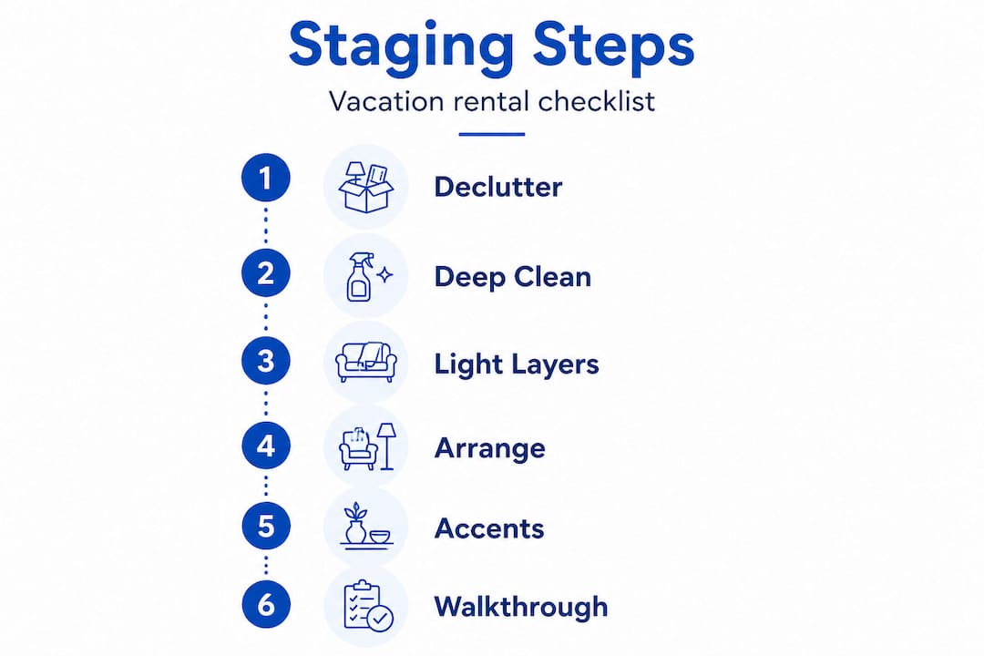 Stage Your Cape Coral Rental for Maximum Bookings and Income 2 Vertical flow staging steps infographic