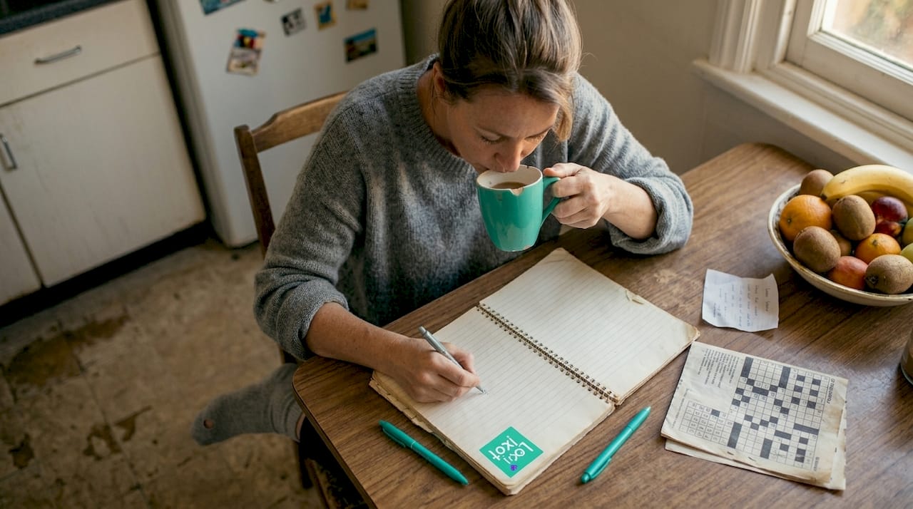 Writing vocabulary in kitchen notebook