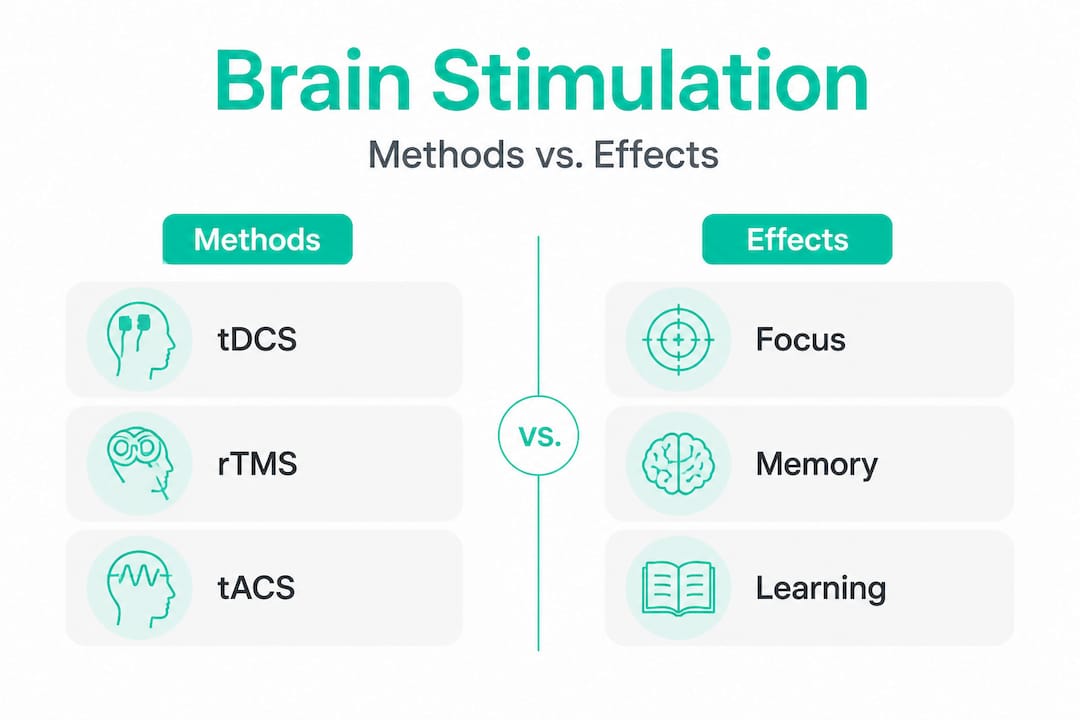 Infographic comparing brain stimulation methods and effects