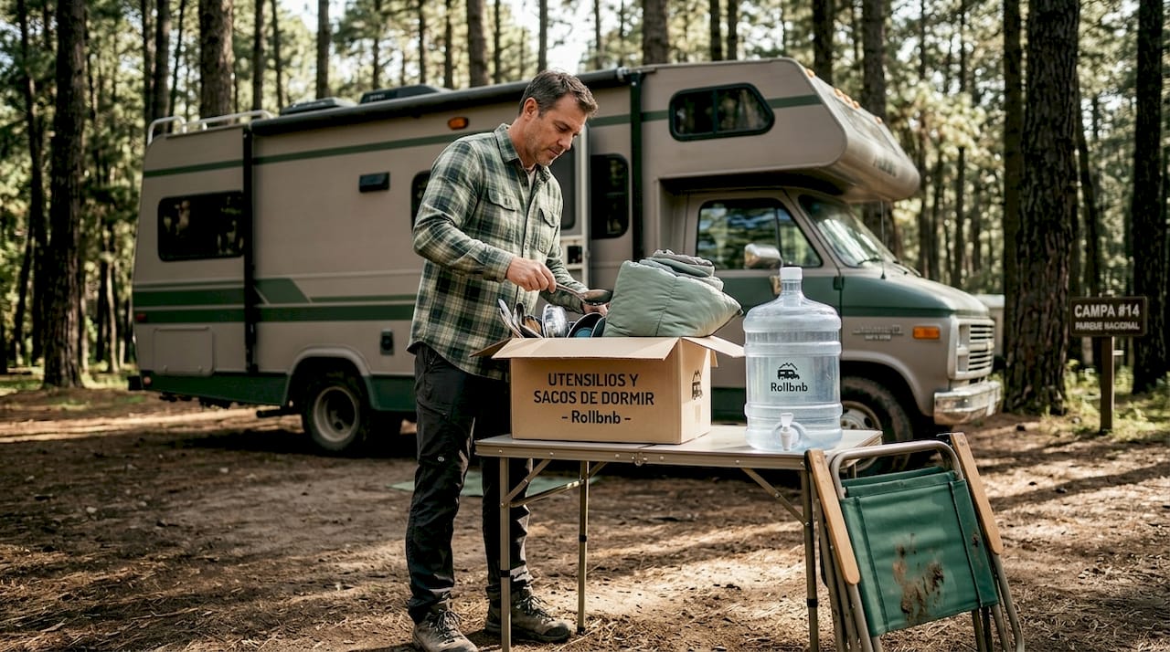 Hombre revisando el equipo de camping junto a su autocaravana al aire libre