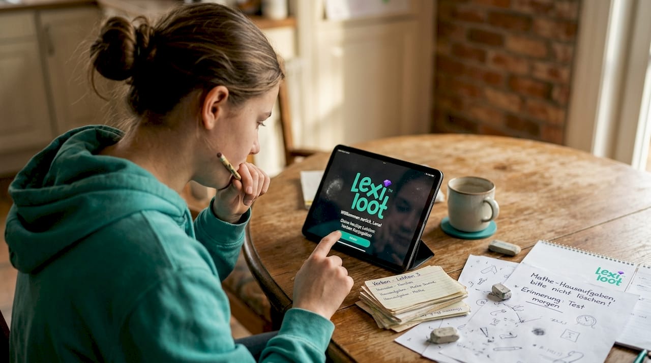 Ein Jugendlicher lernt mit Tablet und Karteikarten.