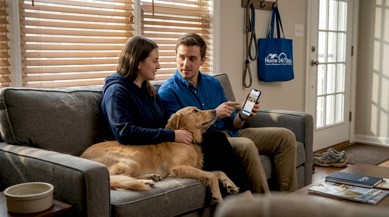 Pet owners share testimonial in cozy rental
