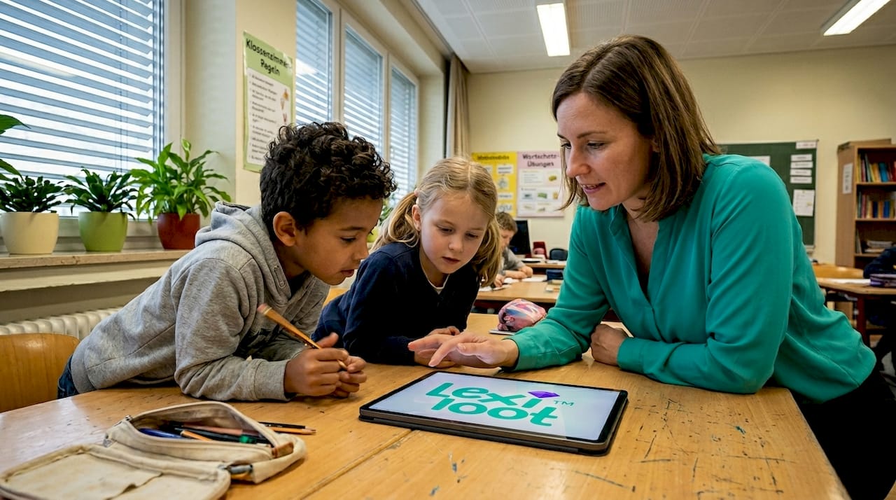 Eine Lehrerin zeigt ihrer Klasse, wie man die App benutzt.