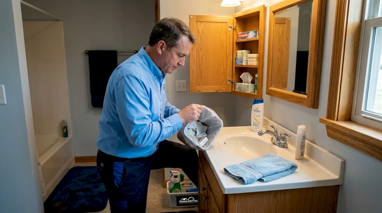 How to prepare your rental property for happy guests 1 Owner decluttering guest bathroom before arrival