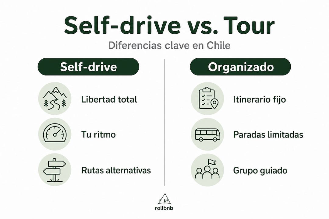 Infografía que muestra las diferencias entre viajar por tu cuenta y optar por un tour organizado