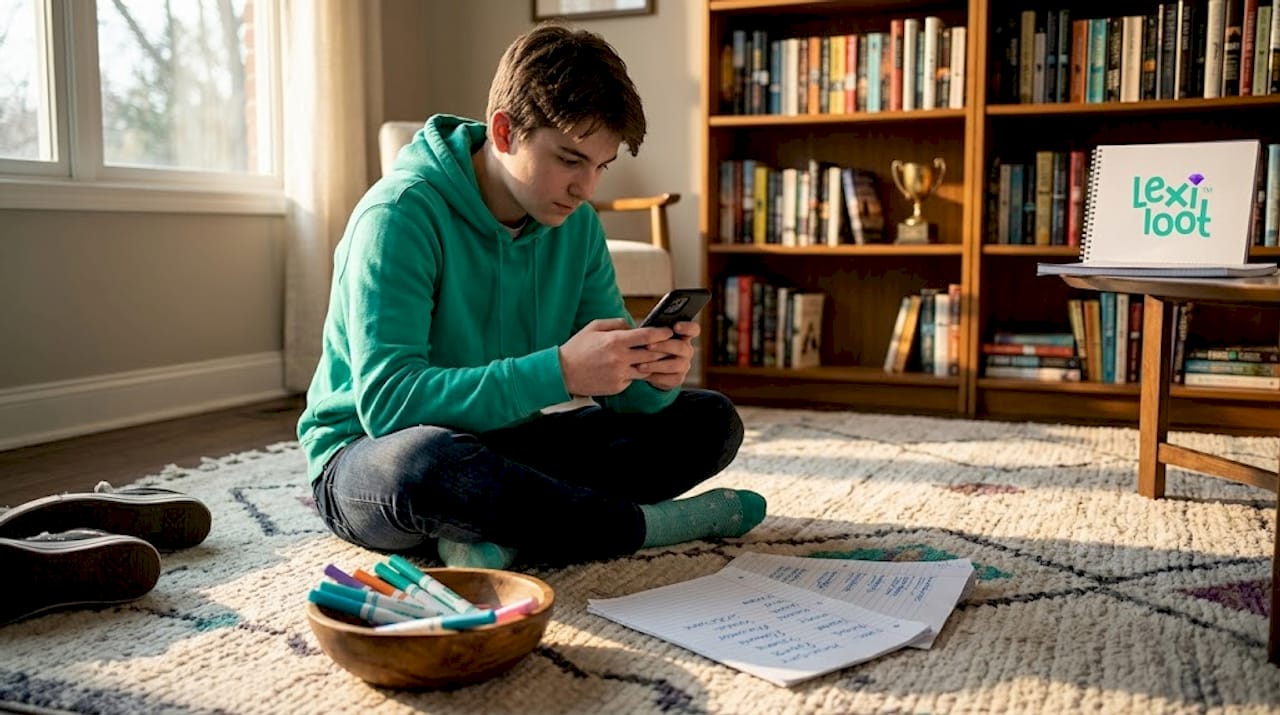 Teenager playing vocabulary game on phone