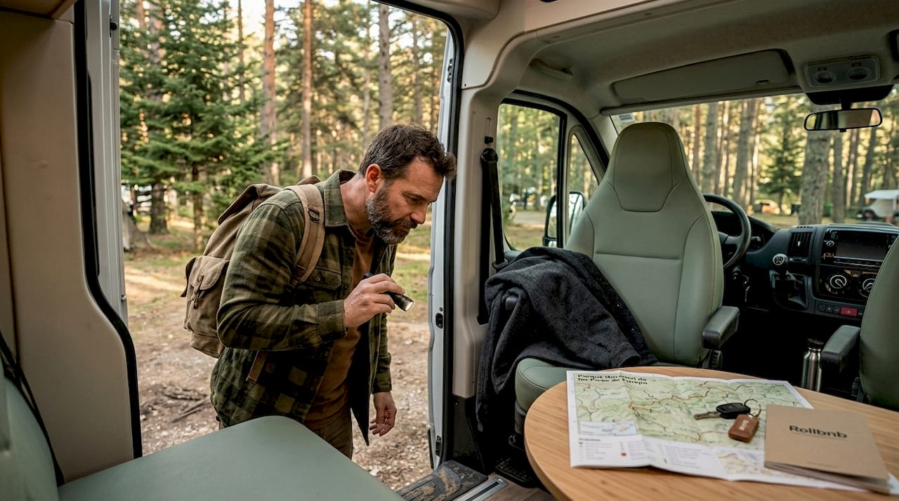 Un hombre revisa el interior de su furgoneta camper antes de salir de viaje.