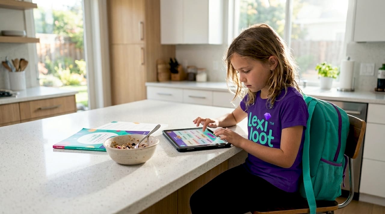 Child playing vocabulary game on tablet in kitchen