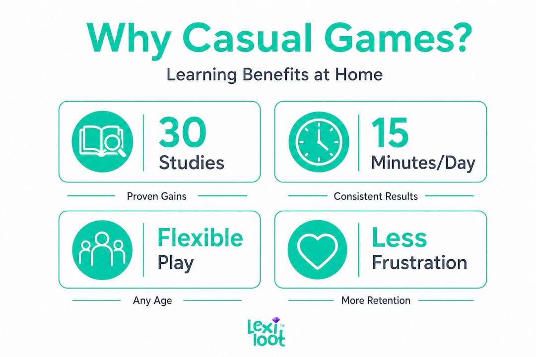 Infographic with stats on casual games and learning benefits