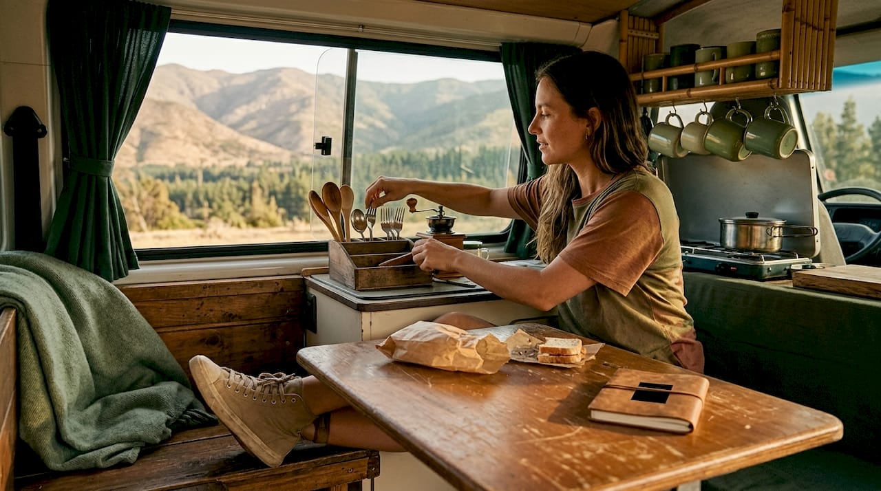 Mujer colocando y ordenando el interior de su caravana