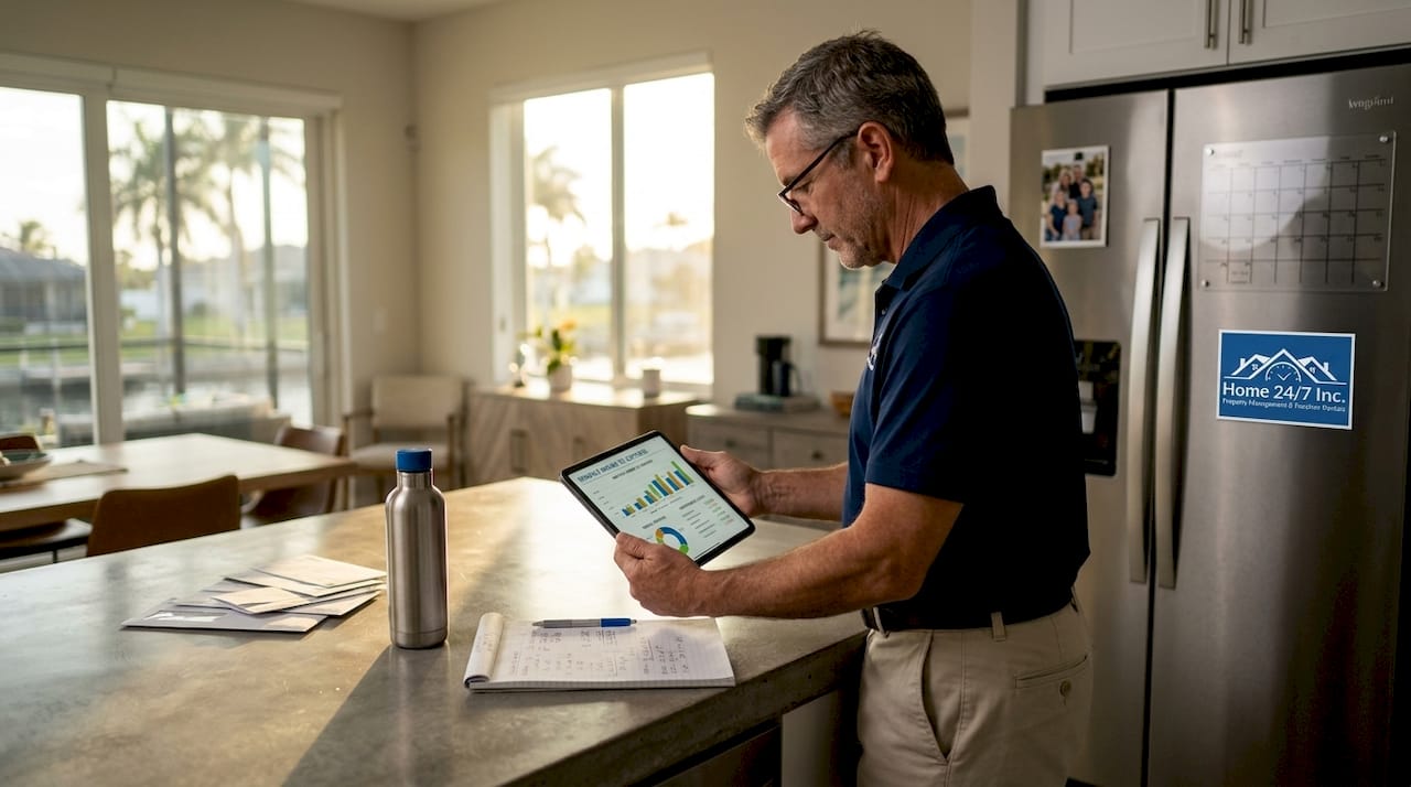 Property manager checks cash flow chart on tablet
