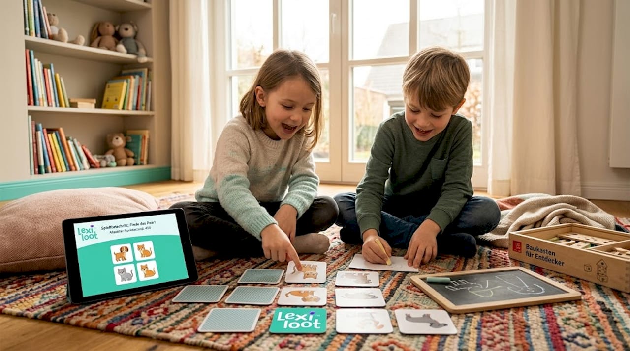 Im Wohnzimmer sitzen ein paar Kinder auf dem Teppich und spielen begeistert Memory.