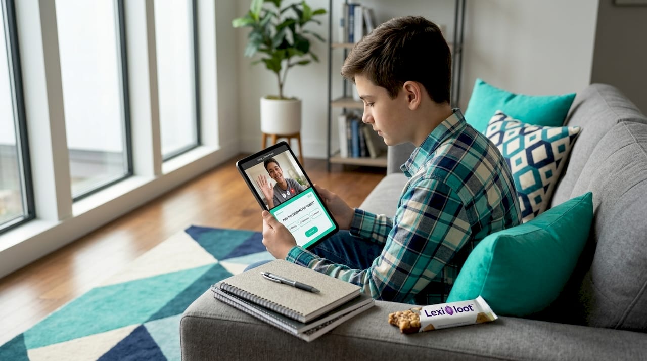 Teen using tablet for vocabulary game challenge