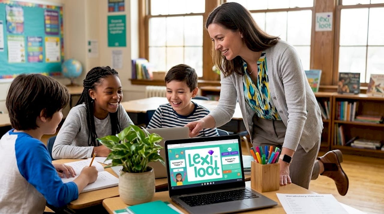 Teacher assisting students with vocabulary game