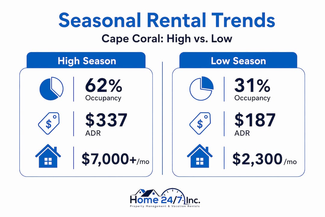 Cape Coral high season rental trends for maximum income 1 Infographic comparing high and low season rental statistics