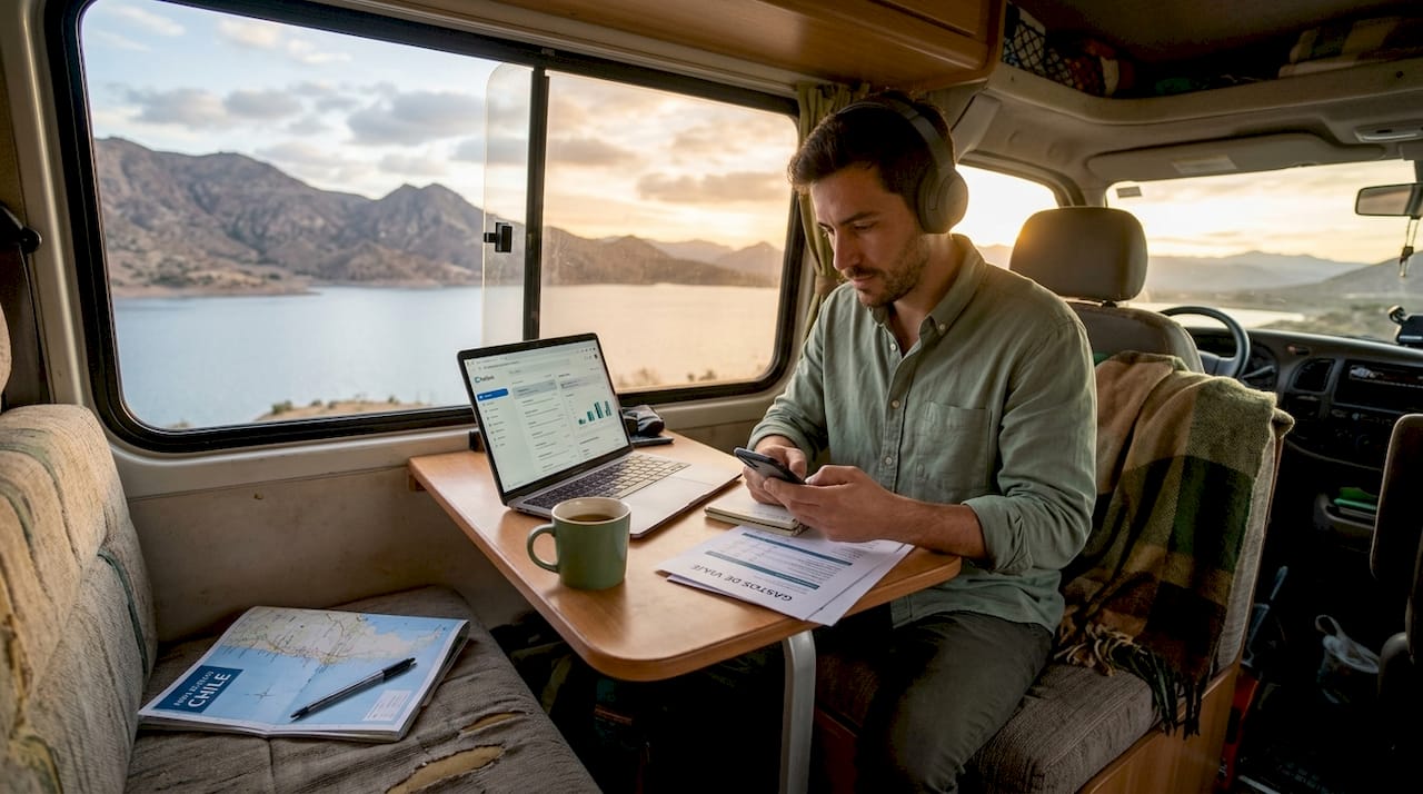 Hombre trabajando a distancia desde el interior de una furgoneta camper