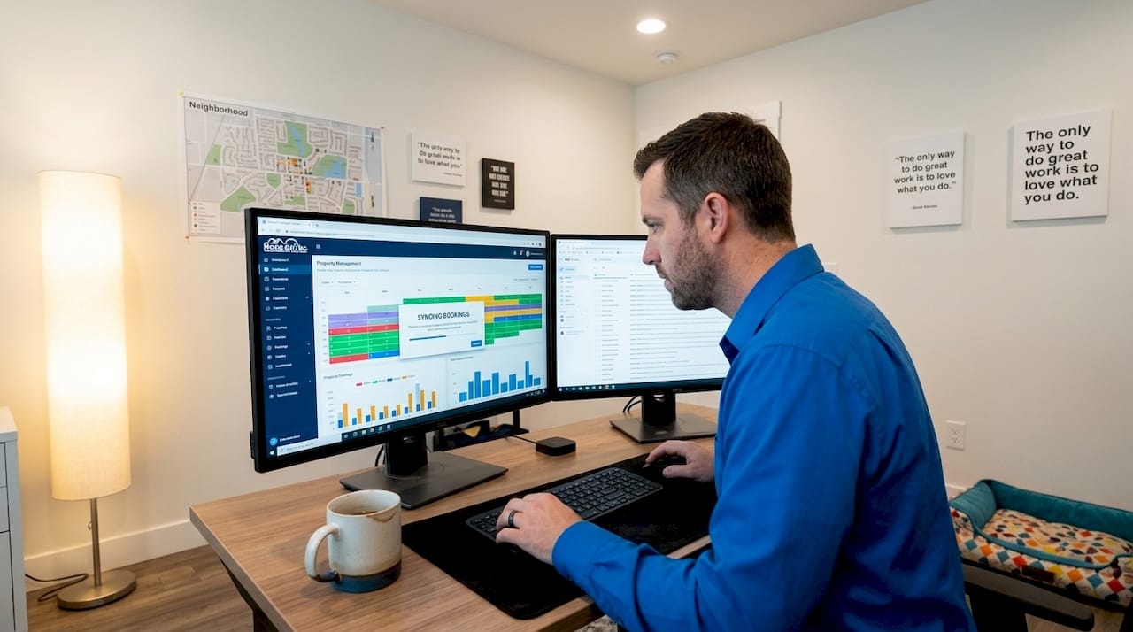 Booking management tips to maximize Cape Coral rental income 1 Home office with booking calendar sync software open