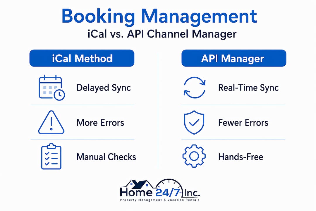 Booking management tips to maximize Cape Coral rental income 2 Infographic comparing iCal and API channel manager for bookings