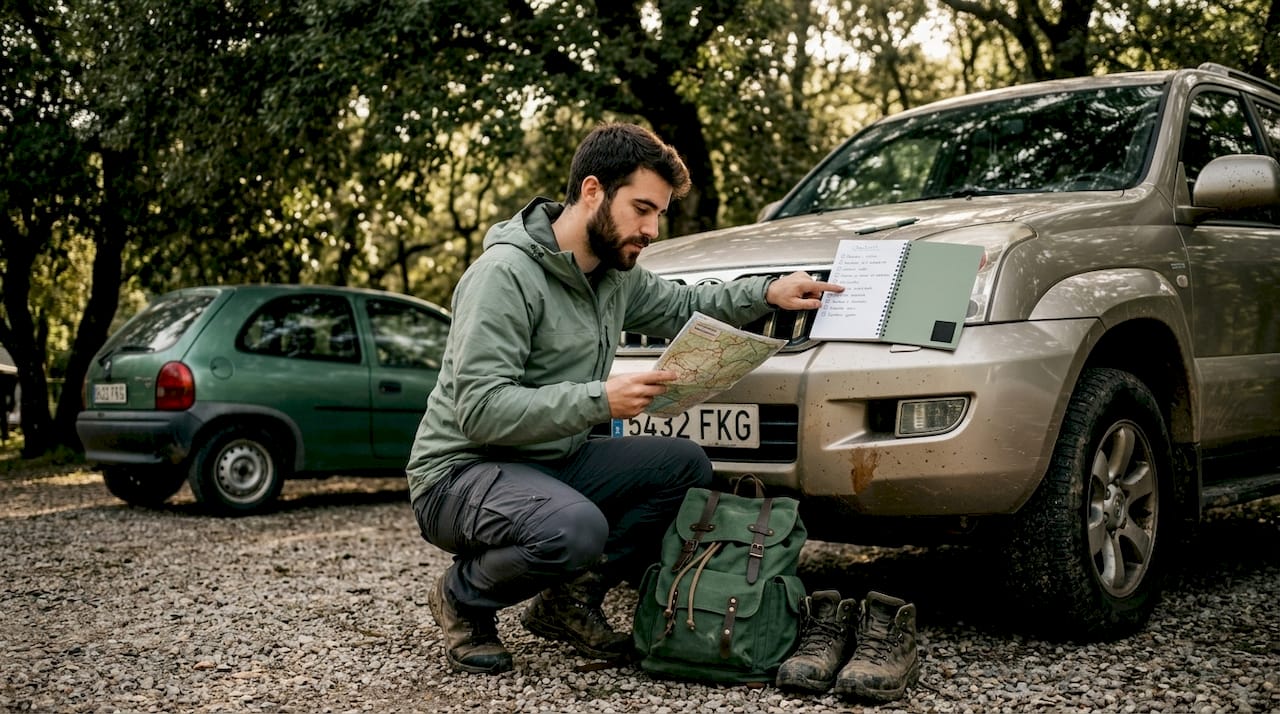 Un hombre evalúa diferentes opciones de coches para elegir el mejor para su próximo viaje por carretera.