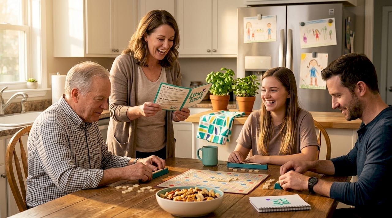 Neighbors sharing word game at kitchen table