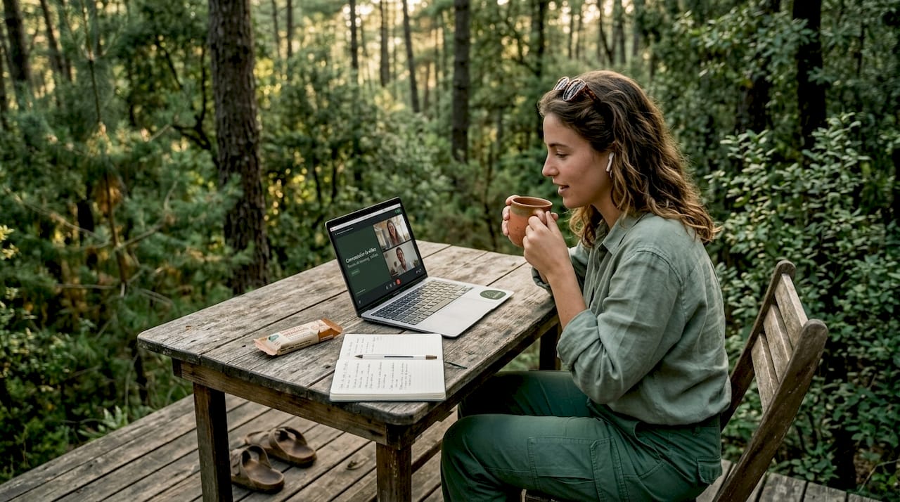 Mujer teletrabajando con los Andes de fondo