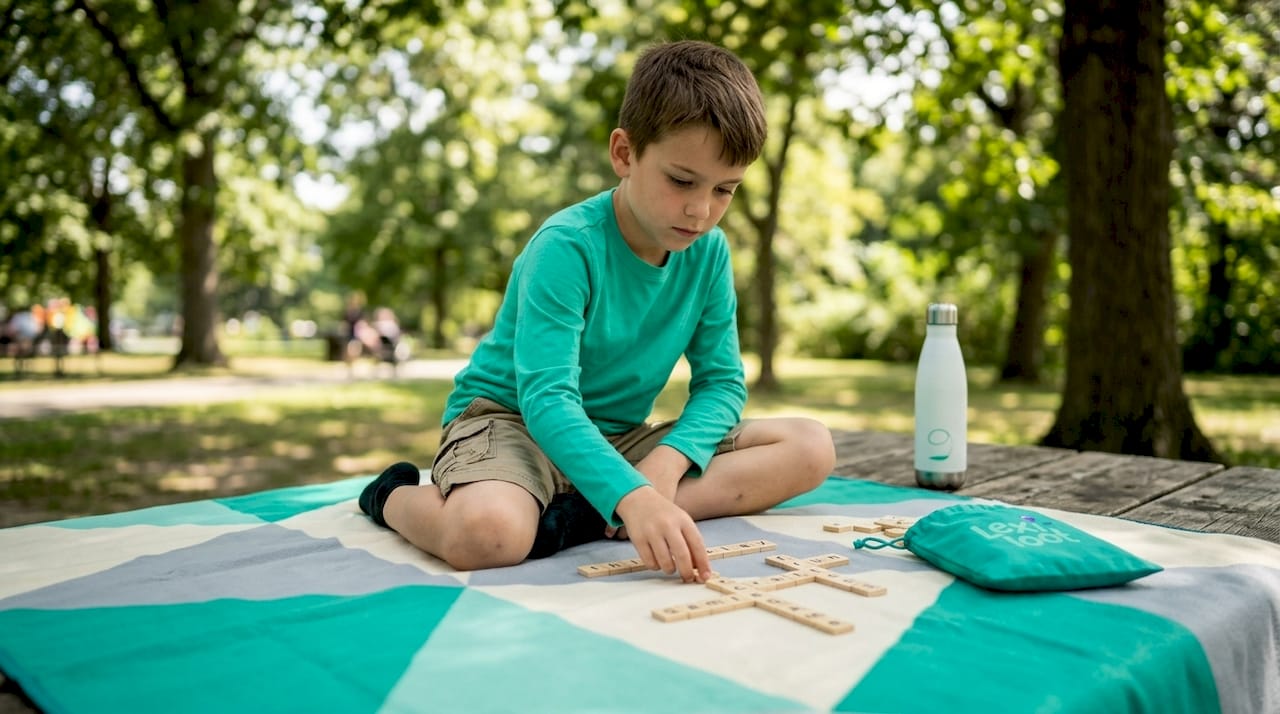 Child playing vocabulary game with letter tiles